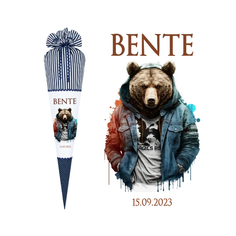 Coole blaue Bären Stoff Schultüte für Jungen mit Namen handgenähte Tier Zuckertüte Einschulungstüte Einschulungsdatum 70 cm | Optional mit Füllkissen und Spitzenschutz