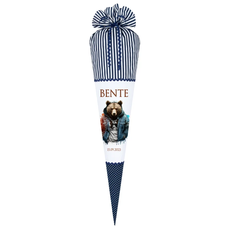 Coole blaue Bären Stoff Schultüte für Jungen mit Namen handgenähte Tier Zuckertüte Einschulungstüte Einschulungsdatum 70 cm | Optional mit Füllkissen und Spitzenschutz