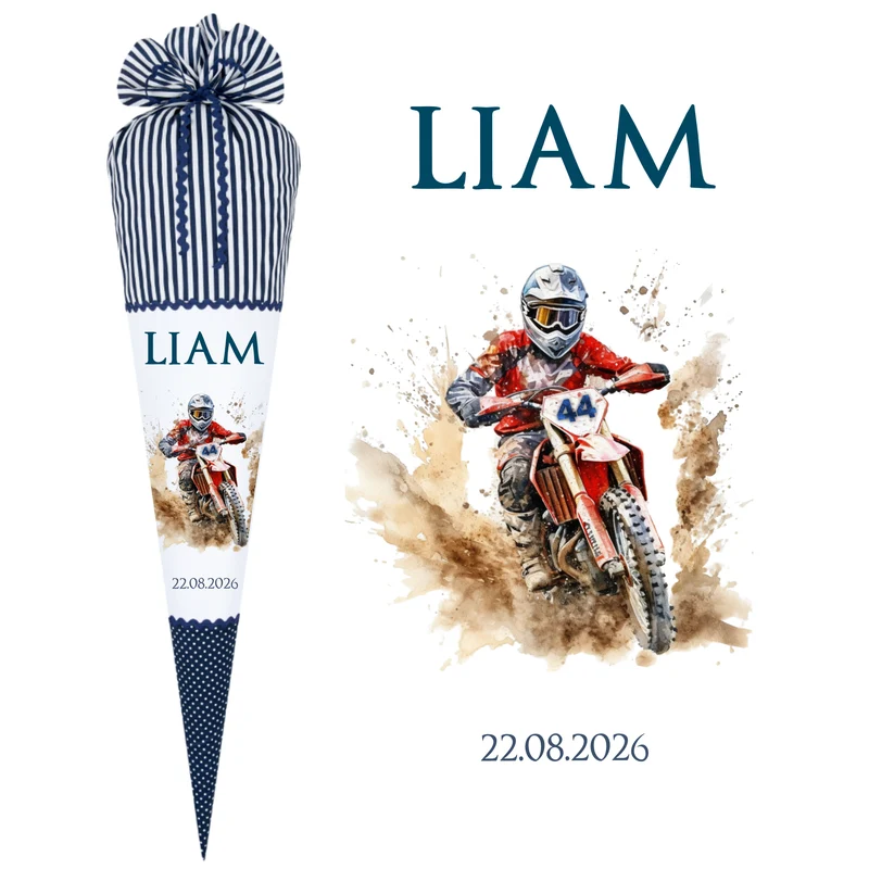 Motorrad Zuckertüte in blau Stoff Schultüte für Jungen mit Motocross Fahrer Namen Datum Einschulungstüte Füllkissen Rohling 70 cm | Optional mit Füllkissen und Spitzenschutz