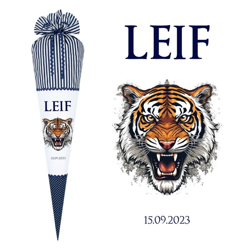 Tiger Stoff Schultüte in blau für Jungen mit Namen Dschungel Tier Zuckertüte personalisierte Einschulungstüte Einschulungsdatum 70 cm | Optional mit Füllkissen und Spitzenschutz