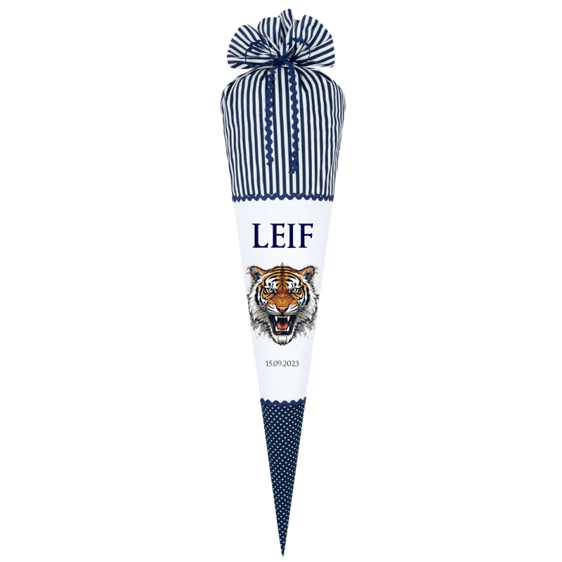 Tiger Stoff Schultüte in blau für Jungen mit Namen Dschungel Tier Zuckertüte personalisierte Einschulungstüte Einschulungsdatum 70 cm | Optional mit Füllkissen und Spitzenschutz