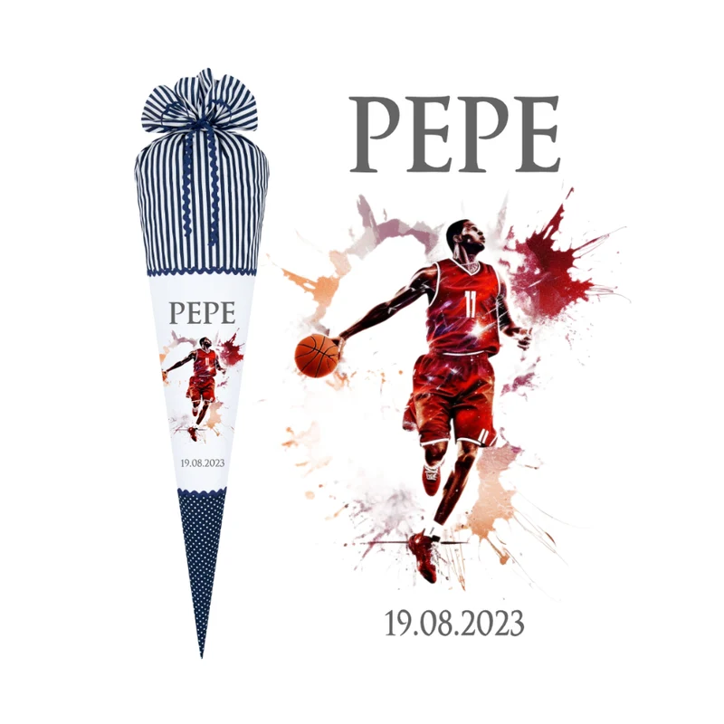 Personalisierte blaue Basketball Stoff Schultüte für Jungen Ball Sport Name Datum Einschulungsdatum Zuckertüte Füllkissen 70 cm | Manufaktur Liebevoll | Optional mit Füllkissen und Spitzenschutz