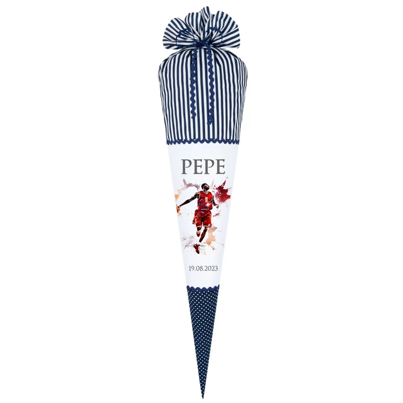 Personalisierte blaue Basketball Stoff Schultüte für Jungen Ball Sport Name Datum Einschulungsdatum Zuckertüte Füllkissen 70 cm | Manufaktur Liebevoll | Optional mit Füllkissen und Spitzenschutz