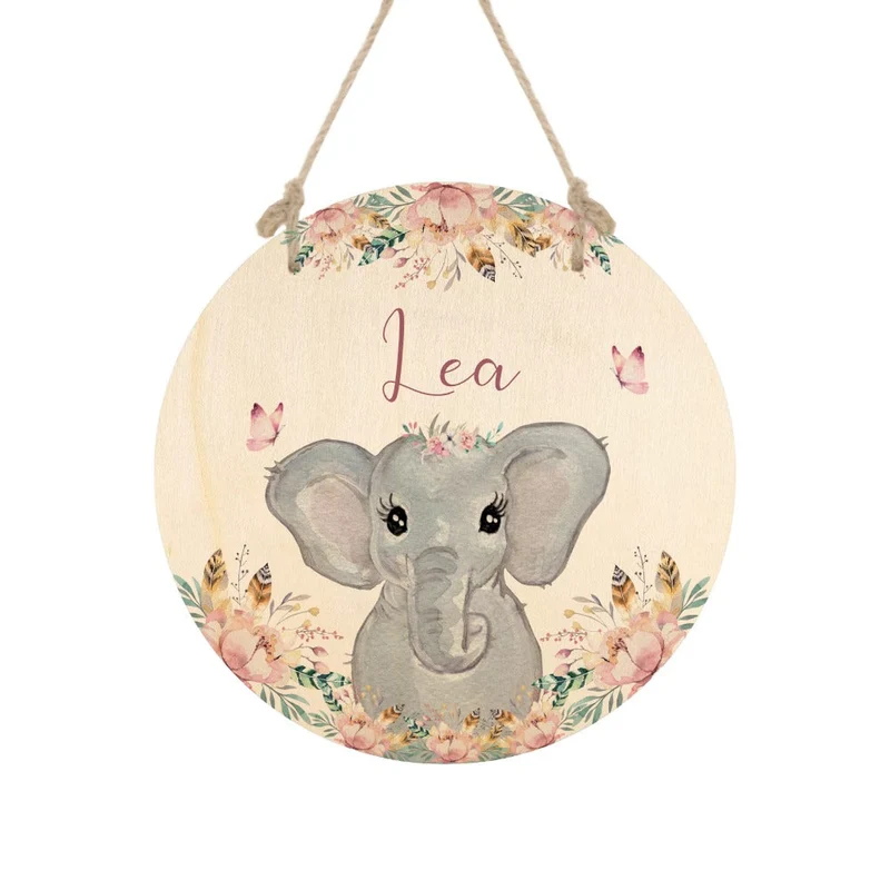 Namensschild "Elefant" für das Kinderzimmer | Personalisiertes Türschild für Mädchen u. Jungen | 11 weitere Motivvarianten als Geschenk zur Auswahl
