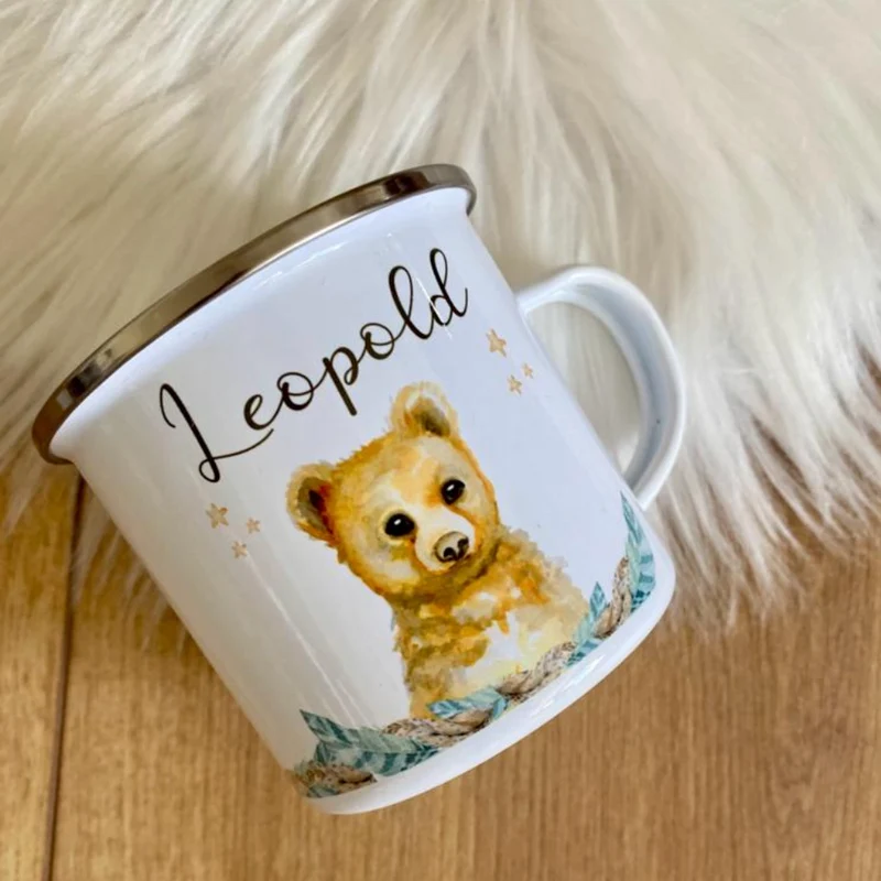 Personalisierte Tasse Bär mit Namen des Kindes | Emaille Trinkbecher für Mädchen u. Jungen I Tolle Kindertasse als besonderes Geschenk | 7 Motivvarianten zur Auswahl