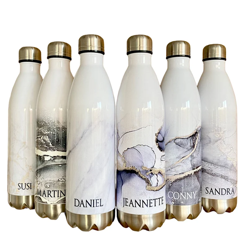 Personalisierte Trinkflasche Edelstahl in Marmor Optik, bedruckte Thermosflasche mit Namen, Wasserflasche zum Sport, die Arbeit und Freizeit | 500ml u. 750ml