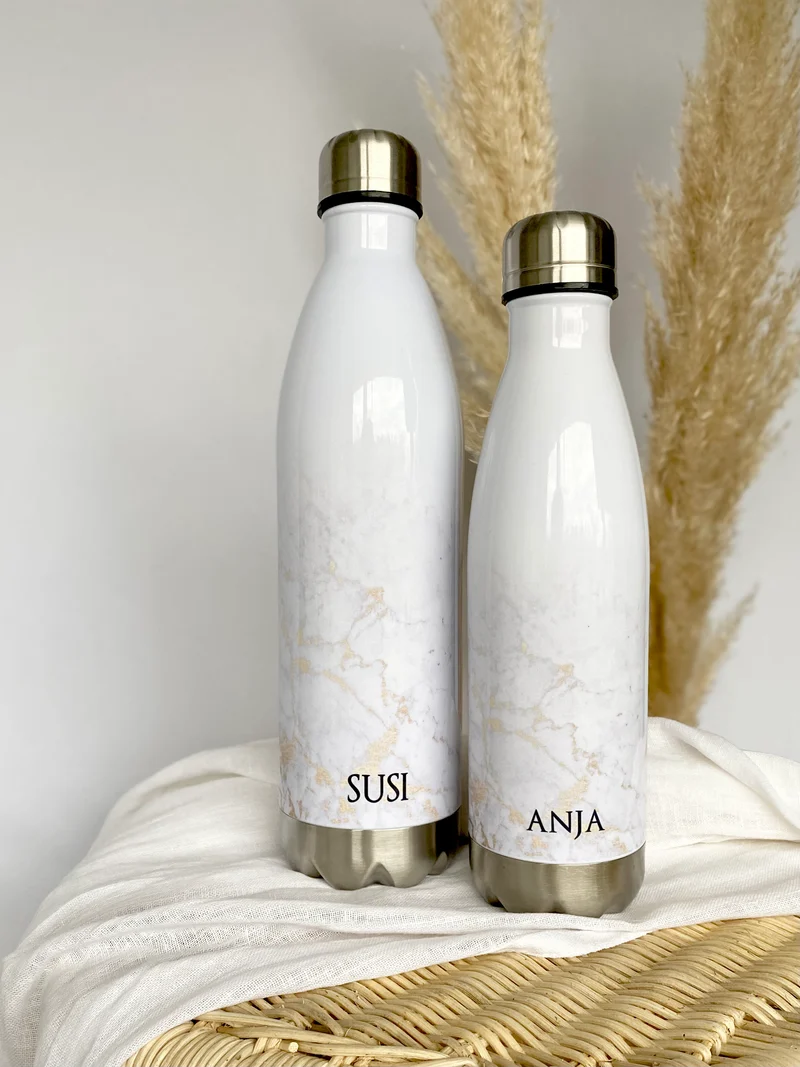 Personalisierte Trinkflasche Edelstahl in Marmor Optik, bedruckte Thermosflasche mit Namen, Wasserflasche zum Sport, die Arbeit und Freizeit | 500ml u. 750ml