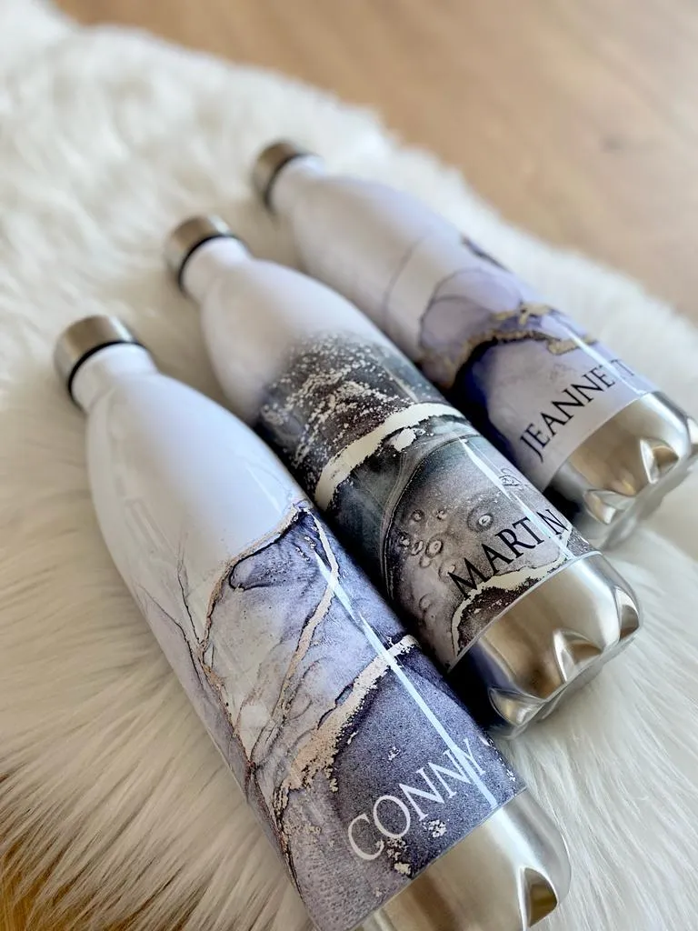 Personalisierte Trinkflasche Edelstahl in Marmor Optik, bedruckte Thermosflasche mit Namen, Wasserflasche zum Sport, die Arbeit und Freizeit | 500ml u. 750ml