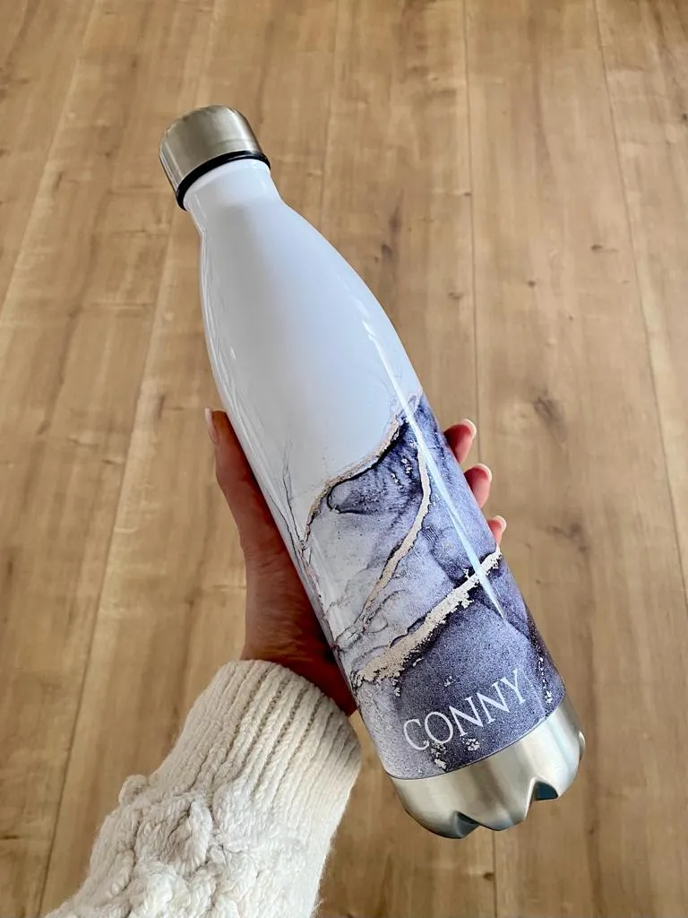 Personalisierte Trinkflasche Edelstahl in Marmor Optik, bedruckte Thermosflasche mit Namen, Wasserflasche zum Sport, die Arbeit und Freizeit | 500ml u. 750ml