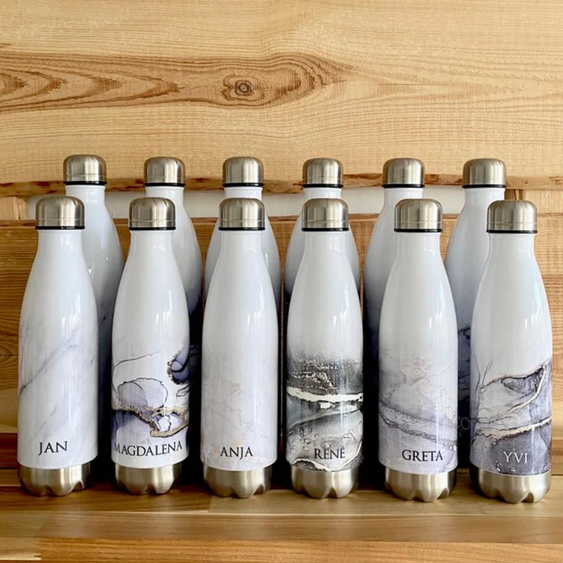 Personalisierte Trinkflasche Edelstahl in Marmor Optik, bedruckte Thermosflasche mit Namen, Wasserflasche zum Sport, die Arbeit und Freizeit | 500ml u. 750ml