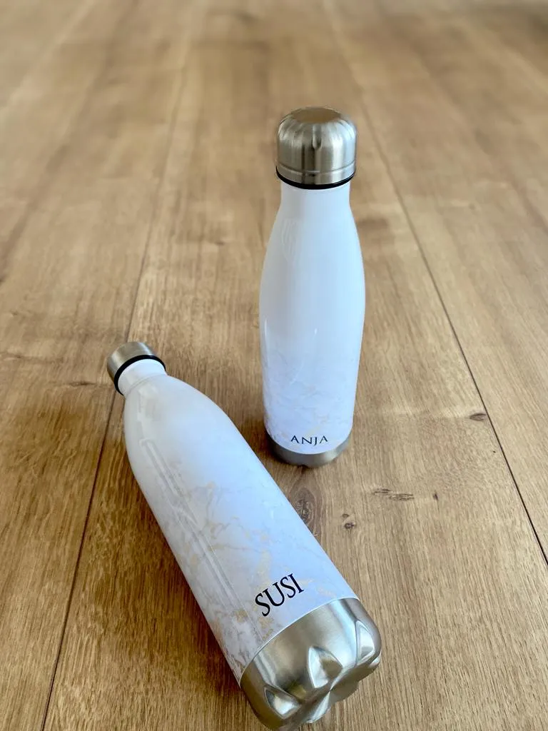 Personalisierte Trinkflasche Edelstahl in Marmor Optik, bedruckte Thermosflasche mit Namen, Wasserflasche zum Sport, die Arbeit und Freizeit | 500ml u. 750ml