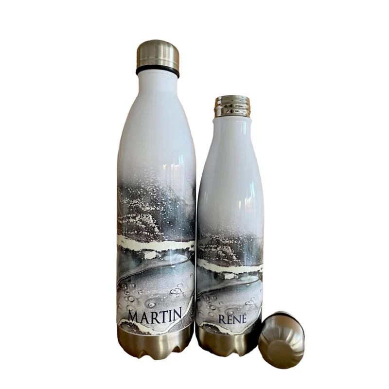 Personalisierte Trinkflasche Edelstahl in Marmor Optik, bedruckte Thermosflasche mit Namen, Wasserflasche zum Sport, die Arbeit und Freizeit | 500ml u. 750ml