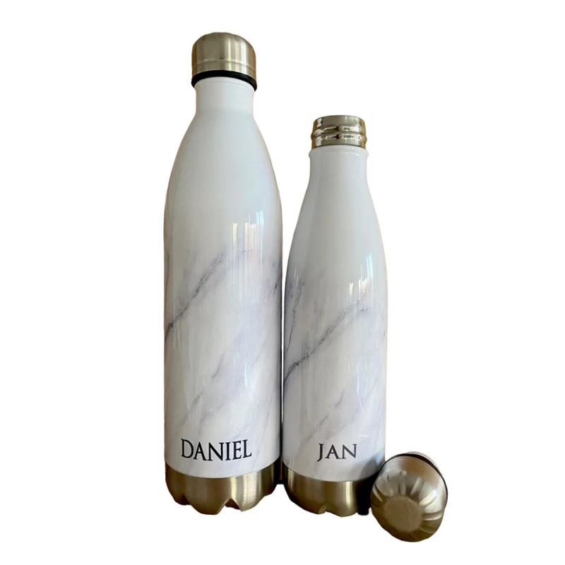 Personalisierte Trinkflasche Edelstahl in Marmor Optik, bedruckte Thermosflasche mit Namen, Wasserflasche zum Sport, die Arbeit und Freizeit | 500ml u. 750ml