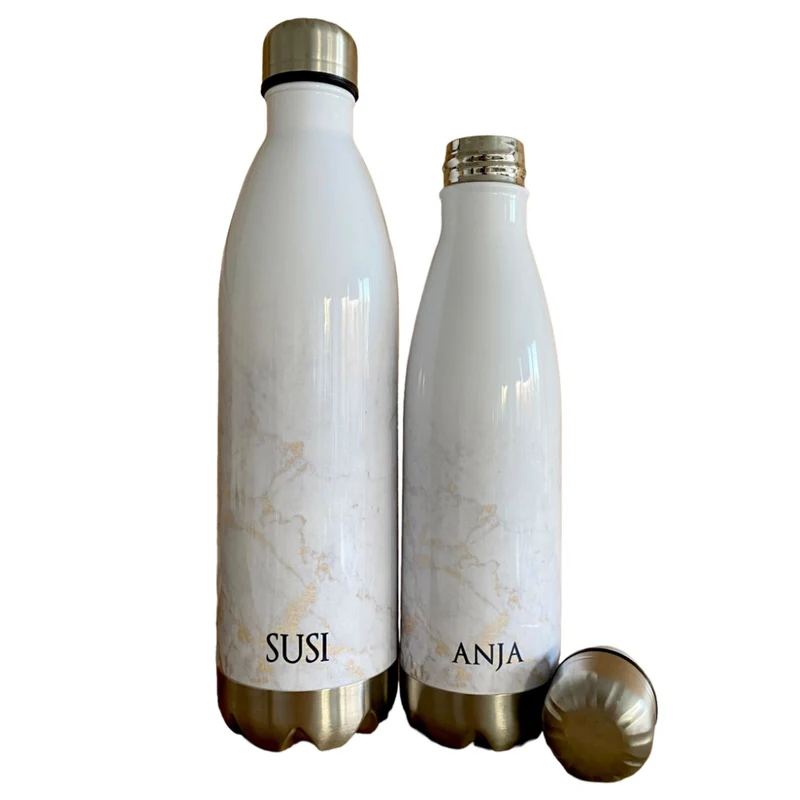 Personalisierte Trinkflasche Edelstahl in Marmor Optik, bedruckte Thermosflasche mit Namen, Wasserflasche zum Sport, die Arbeit und Freizeit | 500ml u. 750ml