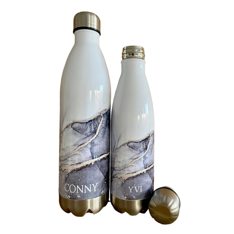 Personalisierte Trinkflasche Edelstahl in Marmor Optik, bedruckte Thermosflasche mit Namen, Wasserflasche zum Sport, die Arbeit und Freizeit | 500ml u. 750ml
