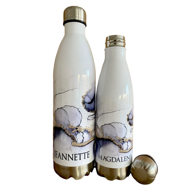 Personalisierte Trinkflasche Edelstahl in Marmor Optik, bedruckte Thermosflasche mit Namen, Wasserflasche zum Sport, die Arbeit und Freizeit | 500ml u. 750ml