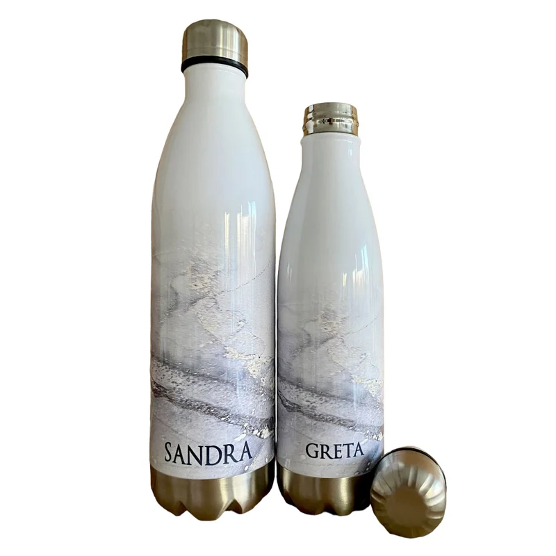 Personalisierte Trinkflasche Edelstahl in Marmor Optik, bedruckte Thermosflasche mit Namen, Wasserflasche zum Sport, die Arbeit und Freizeit | 500ml u. 750ml