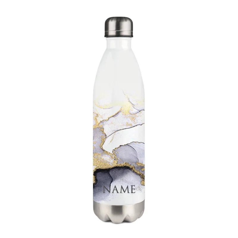Personalisierte Trinkflasche Edelstahl in Marmor Optik, bedruckte Thermosflasche mit Namen, Wasserflasche zum Sport, die Arbeit und Freizeit | 500ml u. 750ml