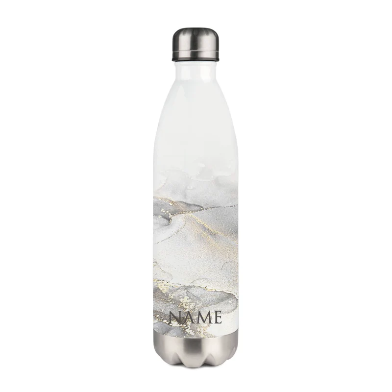 Personalisierte Trinkflasche Edelstahl in Marmor Optik, bedruckte Thermosflasche mit Namen, Wasserflasche zum Sport, die Arbeit und Freizeit | 500ml u. 750ml