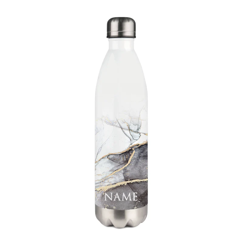 Personalisierte Trinkflasche Edelstahl in Marmor Optik, bedruckte Thermosflasche mit Namen, Wasserflasche zum Sport, die Arbeit und Freizeit | 500ml u. 750ml