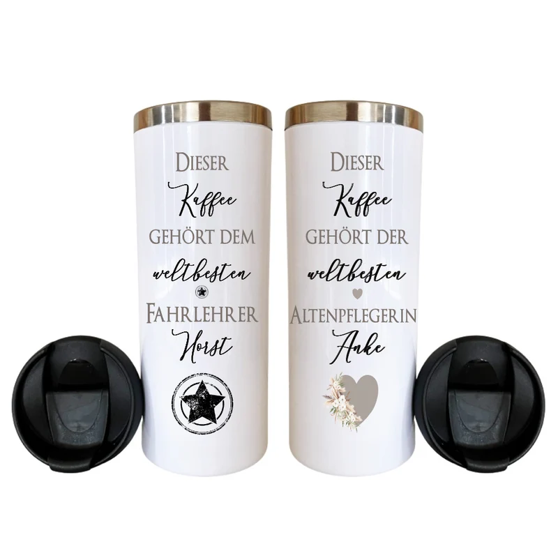 Thermobecher aus Edelstahl mit Namen und Berufsbezeichnung / Hobby für Sie u. Ihn | Personalisiertes Geschenk für Frauen u. Männer | Geschenkidee zum Geburtstag, als Dankeschön, Abschied Kollegin | Kaffeebecher | 2 Motivvarianten