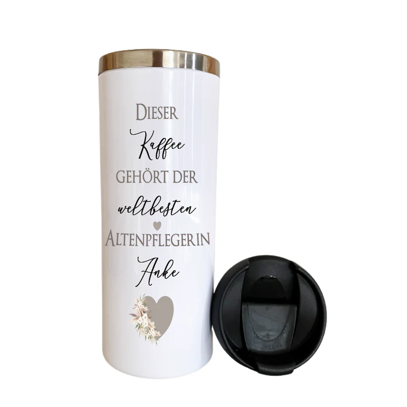 Thermobecher aus Edelstahl mit Namen und Berufsbezeichnung / Hobby für Sie u. Ihn | Personalisiertes Geschenk für Frauen u. Männer | Geschenkidee zum Geburtstag, als Dankeschön, Abschied Kollegin | Kaffeebecher | 2 Motivvarianten