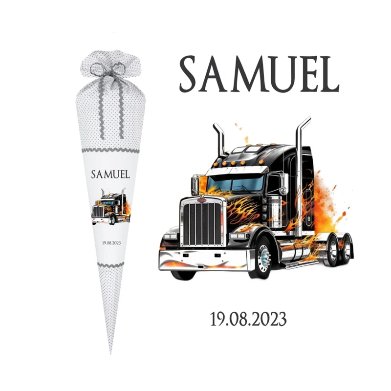 LKW Truck Schultüte für Jungen mit Namen Lastwagen Stoff Zuckertüte Personalisiert Einschulungstüte Datum Füllkissen 70 cm | Optional mit Füllkissen und Spitzenschutz