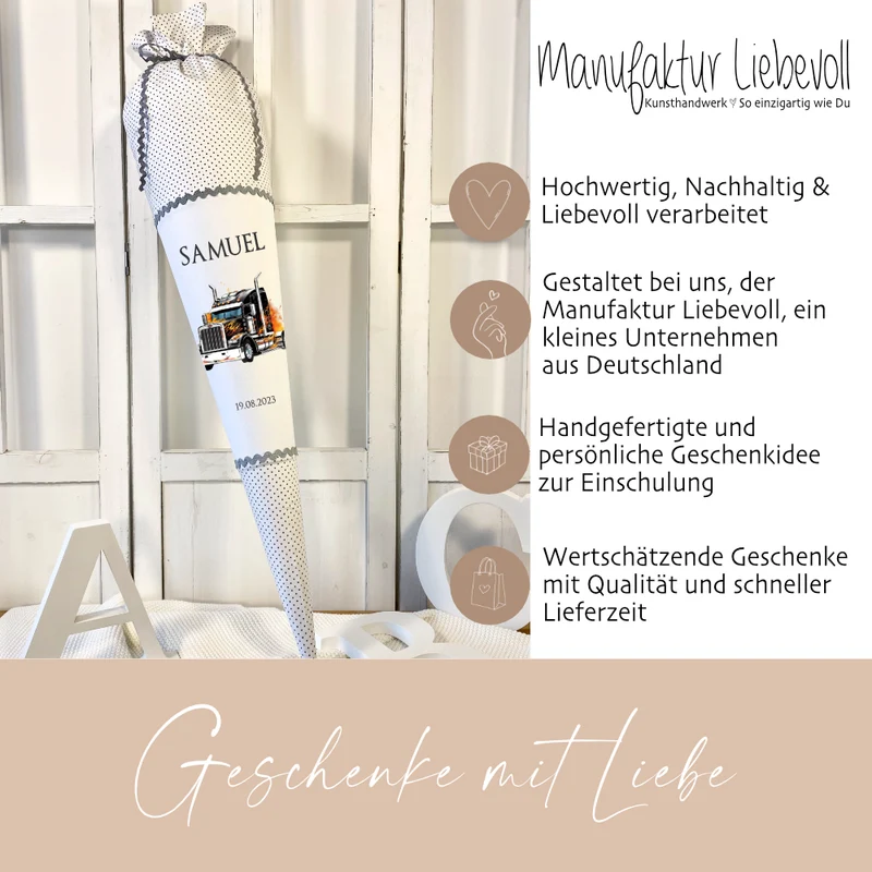 LKW Truck Schultüte für Jungen mit Namen Lastwagen Stoff Zuckertüte Personalisiert Einschulungstüte Datum Füllkissen 70 cm | Optional mit Füllkissen und Spitzenschutz