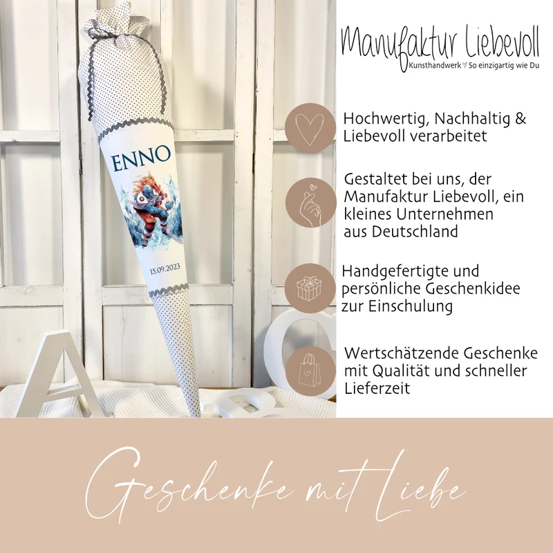Handgenähte personalisierte graue Eishockey Stoff Schultüte mit Namen Sport Einschulungstüte Datum Zuckertüte 70 cm | Optional mit Füllkissen und Spitzenschutz