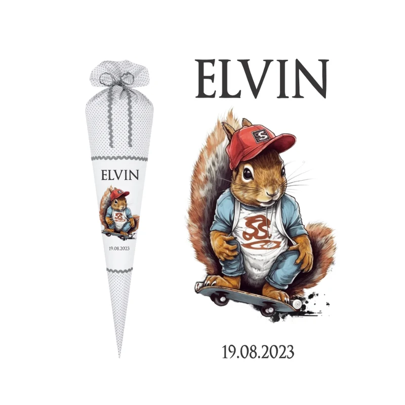 Stoff Zuckertüte Skater Eichhörnchen mit Namen personalisierte Einschulungstüte und Einschulungsdatum in Grau 70 cm | Optional mit Füllkissen und Spitzenschutz