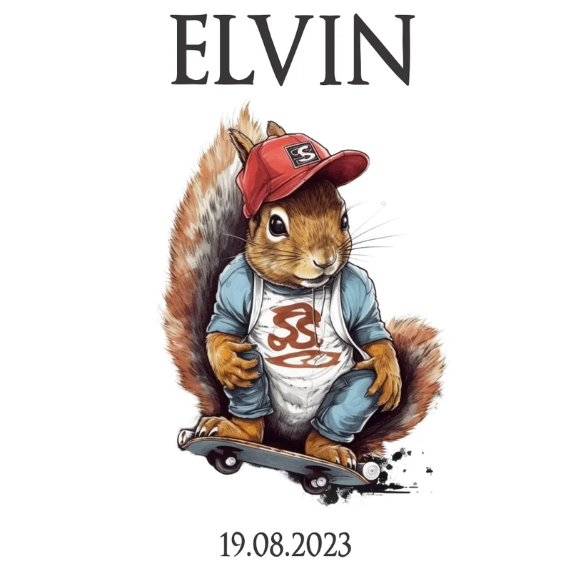 Stoff Zuckertüte Skater Eichhörnchen mit Namen personalisierte Einschulungstüte und Einschulungsdatum in Grau 70 cm | Optional mit Füllkissen und Spitzenschutz