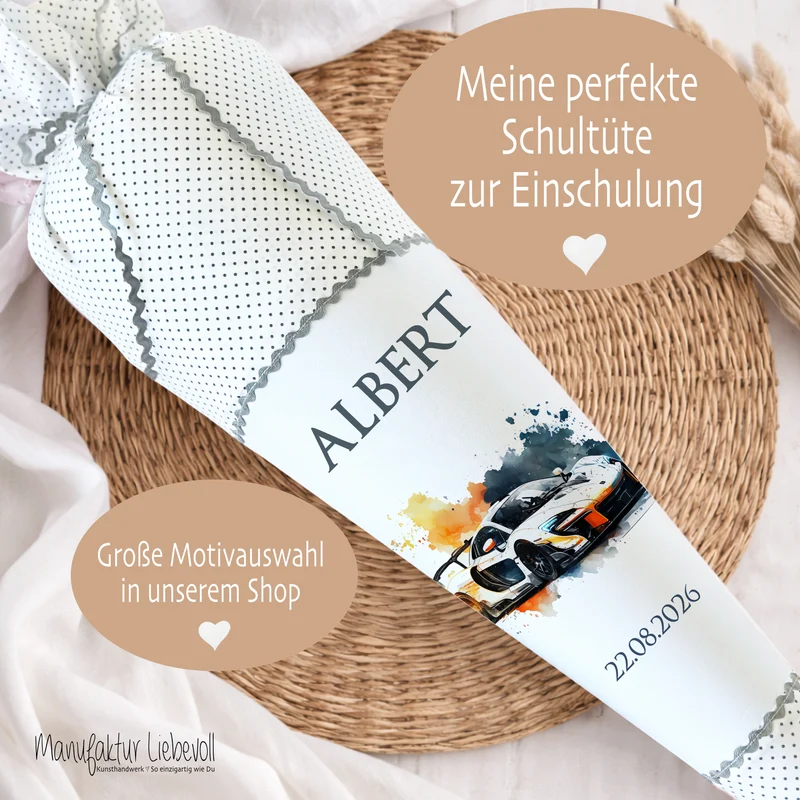 Personalisierte Rennauto Schultüte Stoff Zuckertüte mit Namen und Datum Einschulungstüte 70 cm | Optional mit Füllkissen und Spitzenschutz