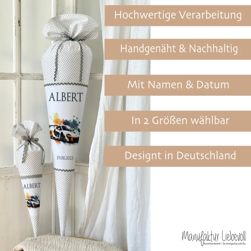 Personalisierte Rennauto Schultüte Stoff Zuckertüte mit Namen und Datum Einschulungstüte 70 cm | Optional mit Füllkissen und Spitzenschutz