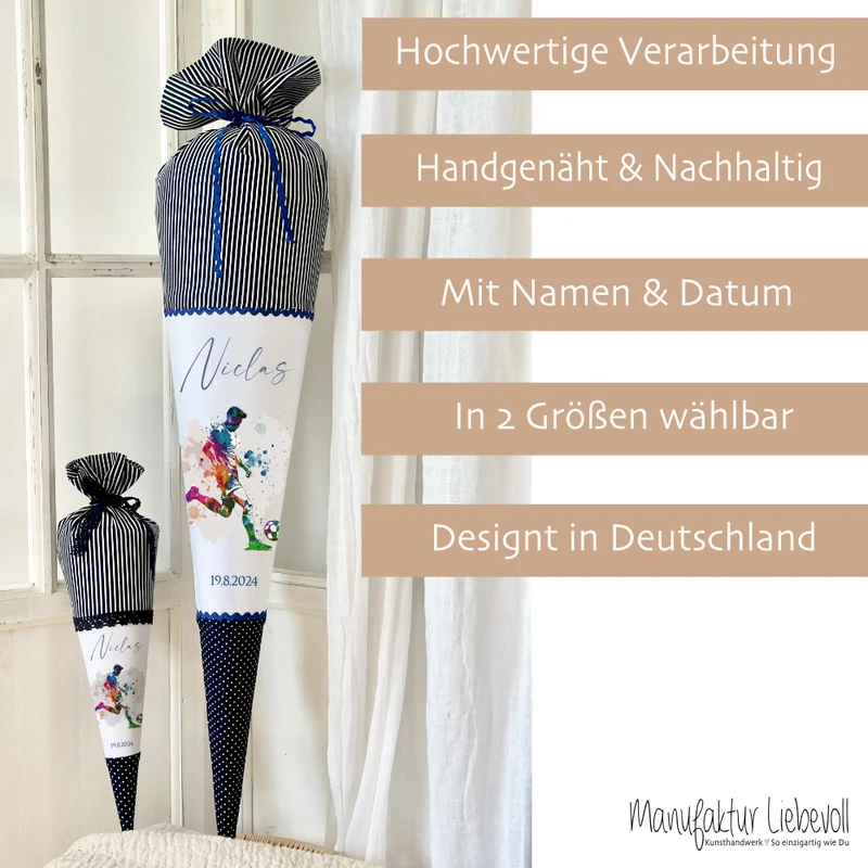 Personalisierte Stoff Schultüte Fußball in Blau für Jungen mit Fußballspieler Einschulungstüte 70 cm | Manufaktur Liebevoll | Optional mit Füllkissen und Spitzenschutz