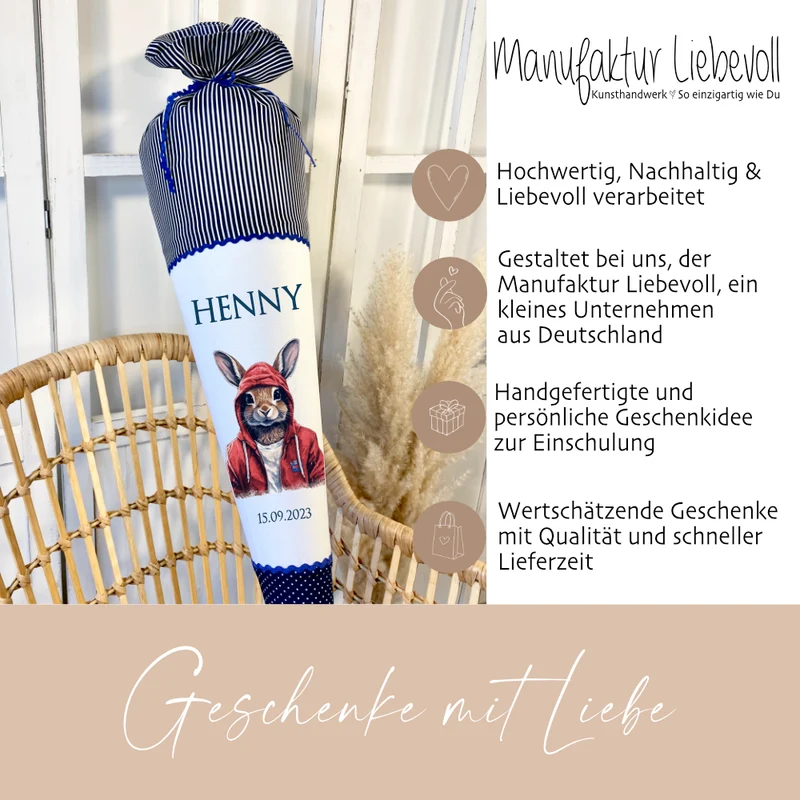 Handgenähte blaue Stoff Schultüte Junge Hase Name Einschulungstüte Einschulungsdatum Zuckertüte 70 cm personalisiert | Optional mit Füllkissen und Spitzenschutz
