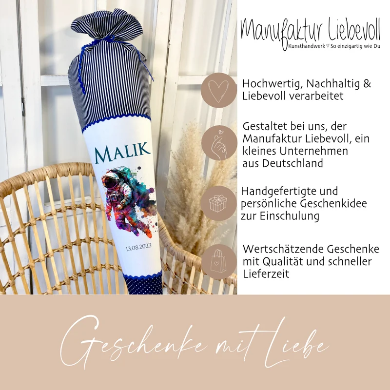 Personalisierte Schultüte Stoff Blau Junge Astronaut Weltall Weltraum Raumfahrt Wunschname Einschulungstüte 70 cm | Optional mit Füllkissen und Spitzenschutz