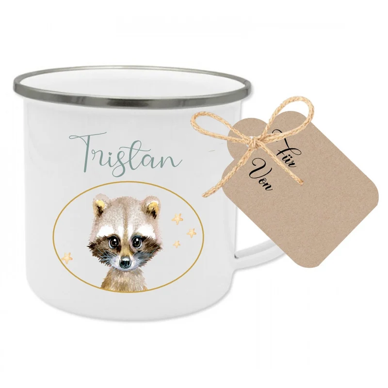 Kindertasse "Hase" mit Namen des Kindes | Trinkbecher aus Emaille für Mädchen u. Jungen | Niedliche Tasse mit Geschenkanhänger | 5 Motivvarianten zur Auswahl