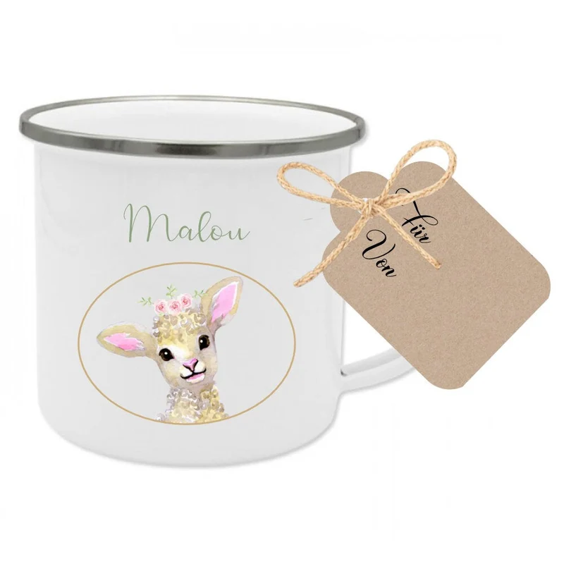 Kindertasse "Hase" mit Namen des Kindes | Trinkbecher aus Emaille für Mädchen u. Jungen | Niedliche Tasse mit Geschenkanhänger | 5 Motivvarianten zur Auswahl