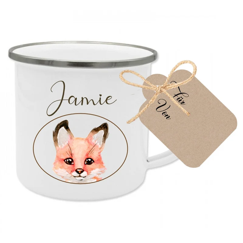 Kindertasse "Hase" mit Namen des Kindes | Trinkbecher aus Emaille für Mädchen u. Jungen | Niedliche Tasse mit Geschenkanhänger | 5 Motivvarianten zur Auswahl