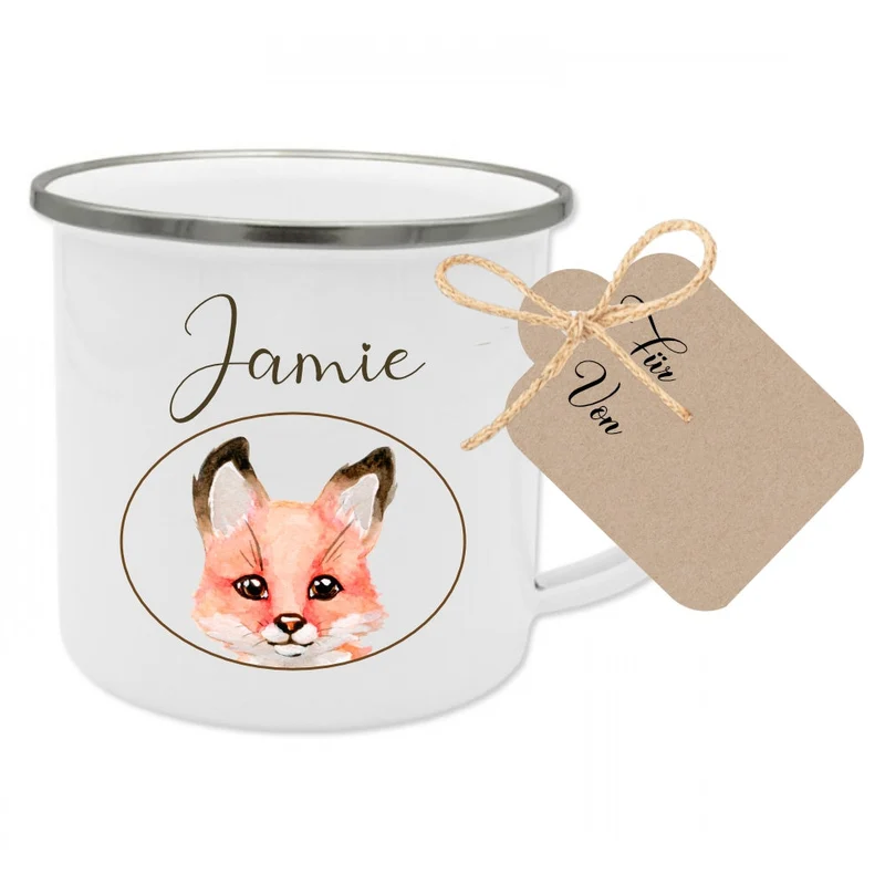 Kindertasse mit Namen und Waschbär | Tasse aus Emaille für Mädchen u. Jungen | Niedlicher Kinderbecher mit Geschenkanhänger | 5 Motivvarianten zur Auswahl