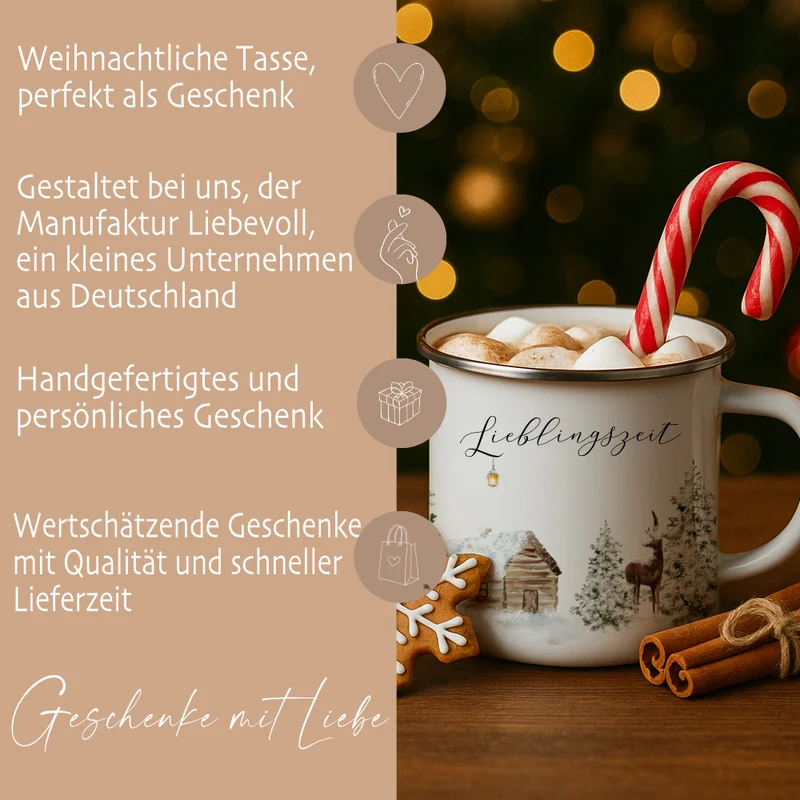 Emaille Tasse Lieblingszeit – Winter Becher mit Hirsch & Hütte – Geschenkidee Weihnachten & Advent