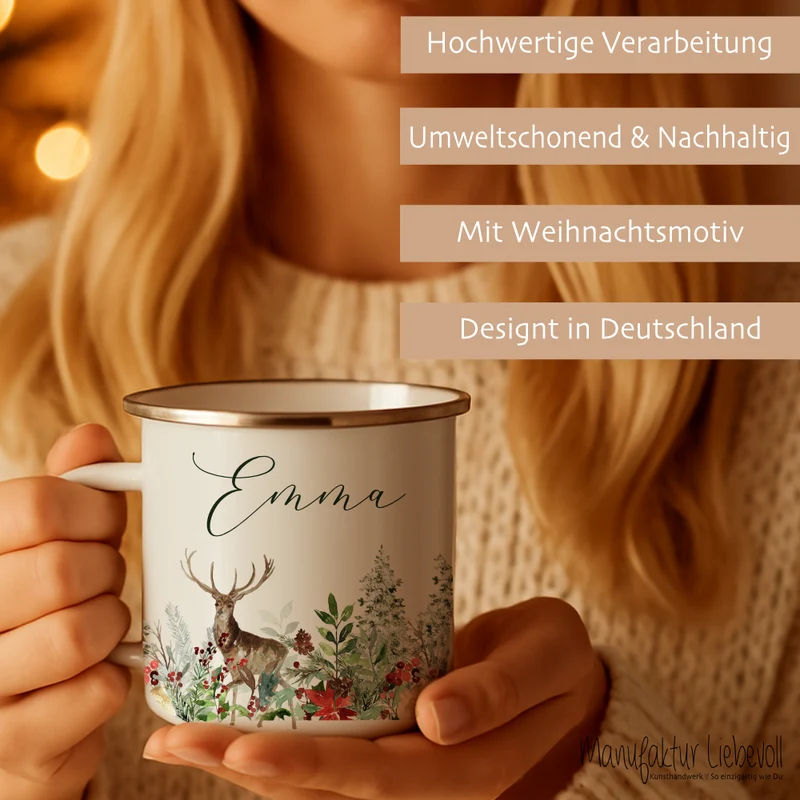 Personalisierte Emaille Tasse Weihnachten mit Namen – Hirsch & Wintermotiv – Geschenkidee Advent & Weihnachtsgeschenk