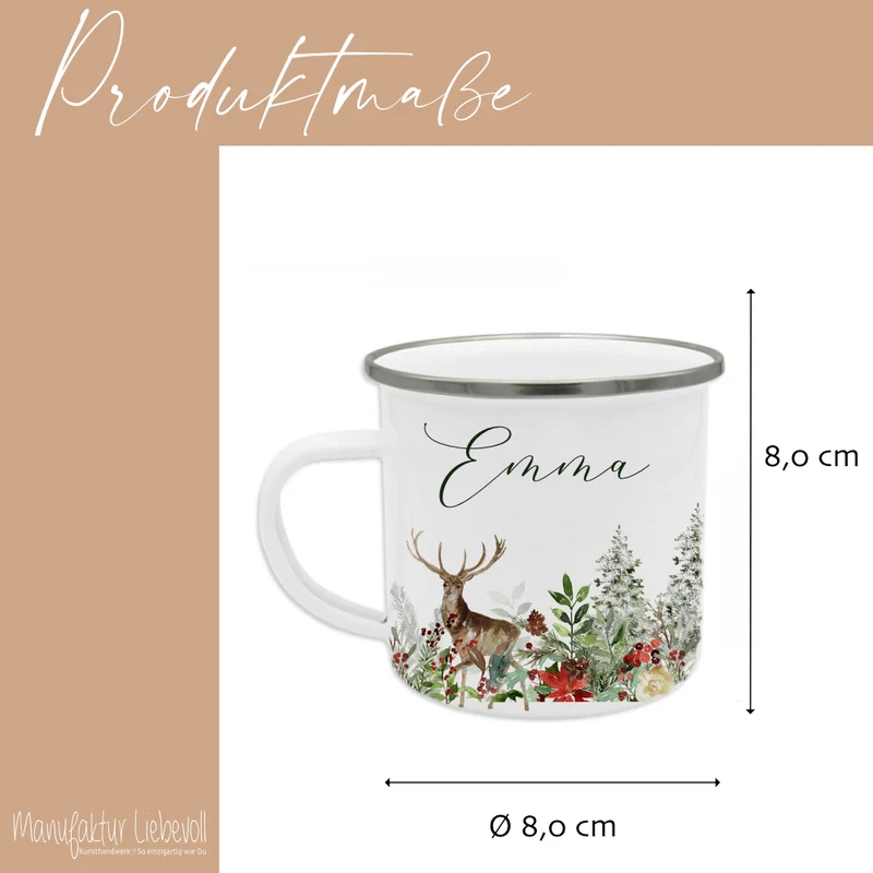 Personalisierte Emaille Tasse Weihnachten mit Namen – Hirsch & Wintermotiv – Geschenkidee Advent & Weihnachtsgeschenk