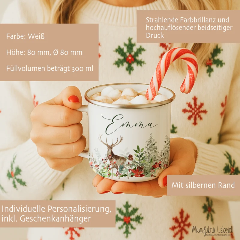 Personalisierte Emaille Tasse Weihnachten mit Namen – Hirsch & Wintermotiv – Geschenkidee Advent & Weihnachtsgeschenk