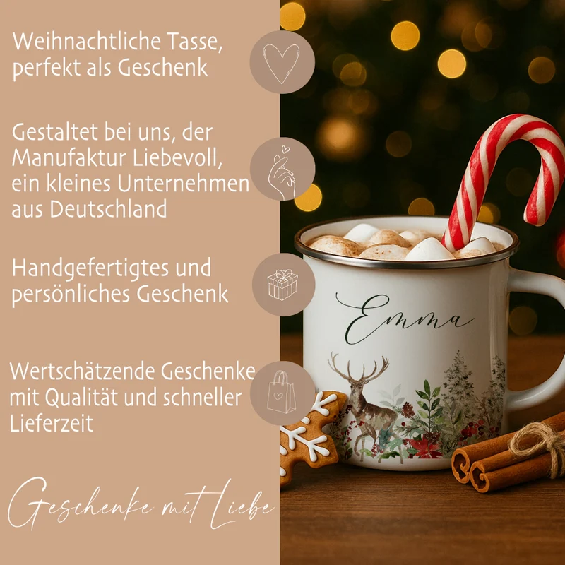 Personalisierte Emaille Tasse Weihnachten mit Namen – Hirsch & Wintermotiv – Geschenkidee Advent & Weihnachtsgeschenk