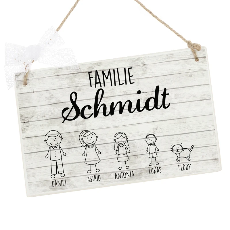 Originelles Türschild für die Familie | Haustürschild mit Figuren u. Vornamen | Handgefertigtes Familienschild in weiß grauer Shabby Chic Holzoptik | 2 Größen zur Auswahl