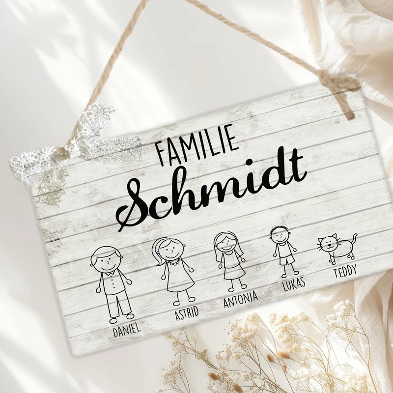 Originelles Türschild für die Familie | Haustürschild mit Figuren u. Vornamen | Handgefertigtes Familienschild in weiß grauer Shabby Chic Holzoptik | 2 Größen zur Auswahl