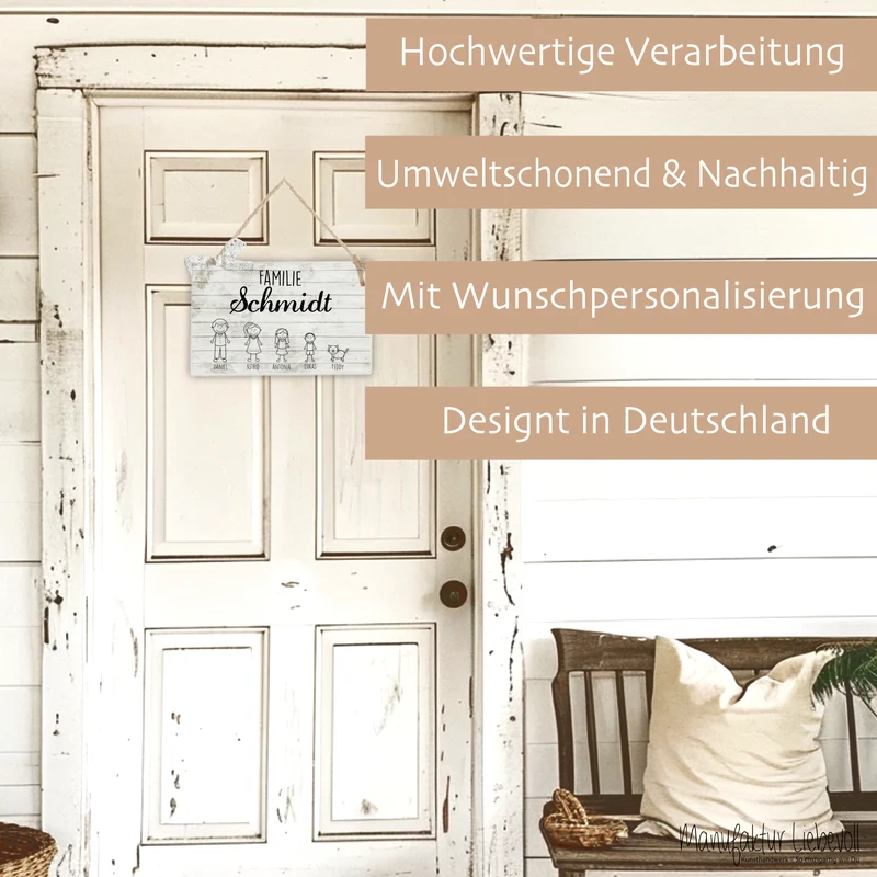 Originelles Türschild für die Familie | Haustürschild mit Figuren u. Vornamen | Handgefertigtes Familienschild in weiß grauer Shabby Chic Holzoptik | 2 Größen zur Auswahl