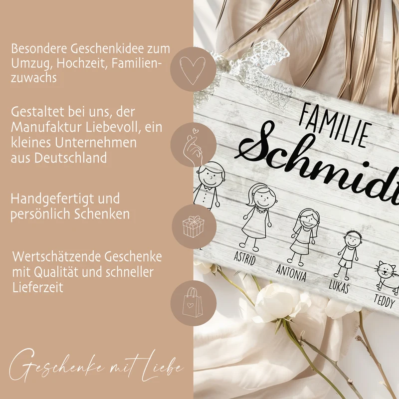 Originelles Türschild für die Familie | Haustürschild mit Figuren u. Vornamen | Handgefertigtes Familienschild in weiß grauer Shabby Chic Holzoptik | 2 Größen zur Auswahl