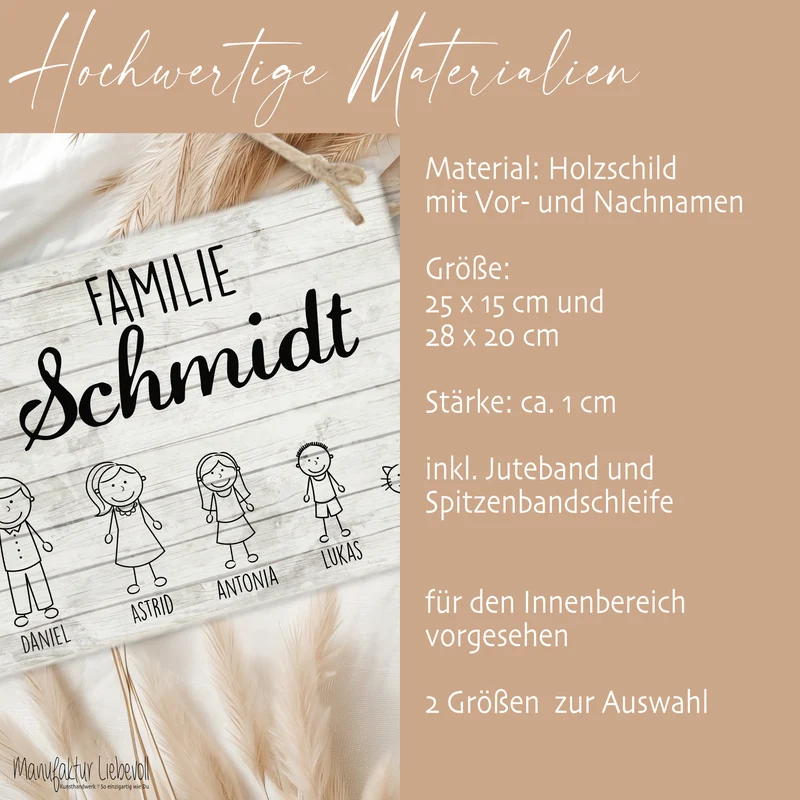 Originelles Türschild für die Familie | Haustürschild mit Figuren u. Vornamen | Handgefertigtes Familienschild in weiß grauer Shabby Chic Holzoptik | 2 Größen zur Auswahl